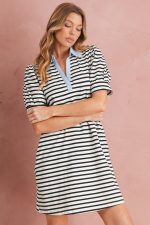 Black Stripe Collared Puff Sleeve Pocketed Mini Dress - Image 6