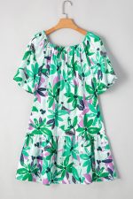 Green Floral Print Shirred Square Neck Loose Fit Mini Dress - Image 7