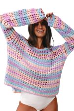 Purple Striped Hollow Knit Summer Beach Cover Up - Image 16