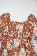 Brown Floral Print Shirred Square Neck High Waist Maxi Dress - Image 11
