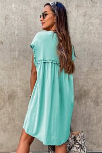 Mint Green Frilled Trim Crewneck Loose Fit Mini Dress - Image 2