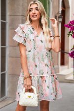 Pink Floral Contrast Edge Ruffle Sleeve Tie Neck Mini Dress - Image 7
