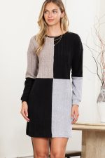 Black Ribbed Color Block Drop Shoulder Long Sleeve Mini Dress - Image 11