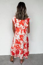 Red Floral Print Trimmed V Neck Ruffle Sleeve Maxi Dress - Image 2