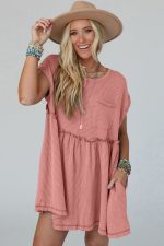 Dusty Pink Textured Patched Pocket Frilly Mini Dress - Image 4