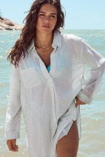 White Stripe Collared V Neck Chest Pocket Long Sleeve Beach Cover up - Image 2