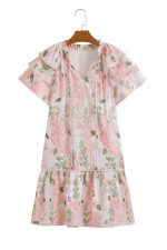 Pink Floral Contrast Edge Ruffle Sleeve Tie Neck Mini Dress - Image 17