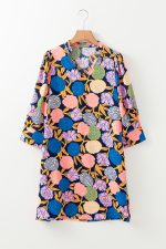 Navy Blue Hydrangea Floral V Neck Puff Sleeve Dress - Image 10
