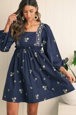 Blue Floral Print Puff Sleeve Babydoll Dress - Image 5