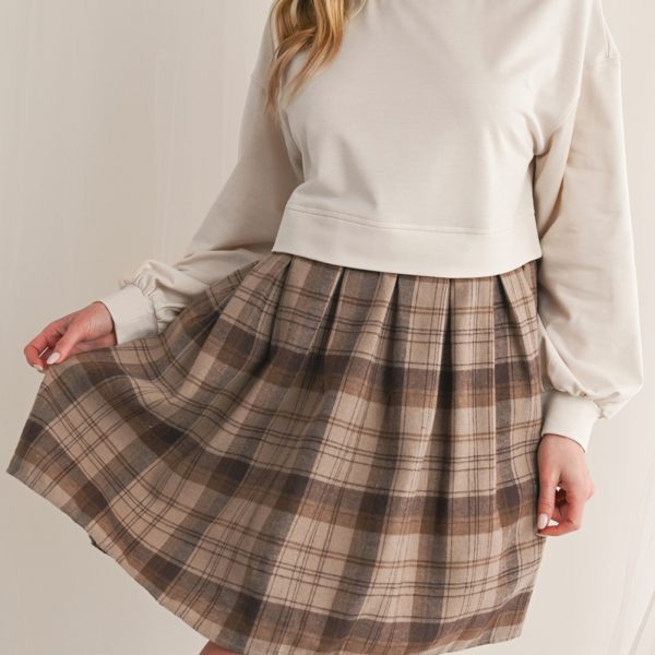 Beige Plaid Patchwork High Waist Sweatshirt Mini Dress