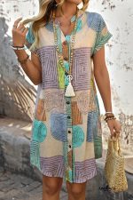 Multicolour Boho Geometric Print Button Up Mini Dress - Image 5