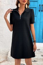 Black Textured Zipped Collar Shift Polo T Shirt Dress - Image 4