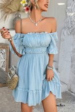 Mist Blue Frill Square Neck Half Sleeve Mini Dress - Image 3