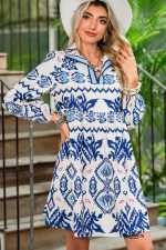 Blue Ethnic Print Pop of Color Neckline Long Sleeve Dress - Image 5