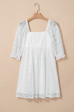 White Floral Lace Puff Sleeve Empire Waist Mini Dress - Image 7