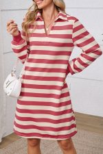 Pink Stripe Pocketed Collared V Neck Loose Fit Mini Dress - Image 4