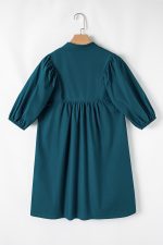 Blue Sapphire Puff Sleeve Pleated Pop of Color Neckline Dress - Image 5