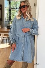 Beau Blue Smocked Cuffs Flared Denim Shirt Mini Dress - Image 2