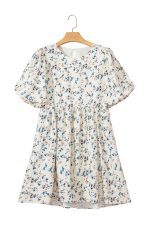 Beige Floral Puff Short Sleeve Empire Waist Mini Dress - Image 15