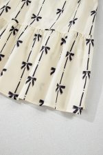Beige Cute Bowknot Printed Bubble Sleeve V Neck Mini Dress - Image 14