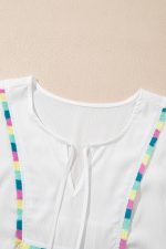 White Colorful Fringed Detail Tassel Tie Neck Short Sleeve Cover Up - Image 12