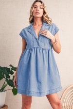 Beau Blue Lapel Neck Cap Sleeve High Waist Denim Babydoll Dress - Image 4