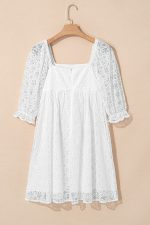 White Floral Lace Puff Sleeve Empire Waist Mini Dress - Image 8