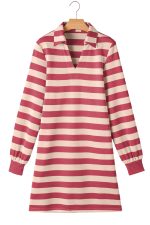 Pink Stripe Pocketed Collared V Neck Loose Fit Mini Dress - Image 16