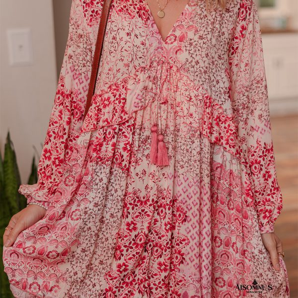 Pink Bohemian Floral Print Tassel Tie Long Sleeve Flowy Mini Dress