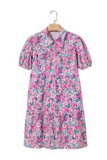 Pink Allover Floral Print Collar Half Button Short Sleeve Loose Dress - Image 13