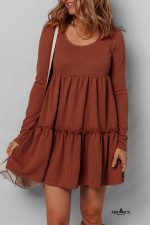 Straw Yellow Ribbed Frilled Trim High Waist Long Sleeve Mini Dress - Image 3