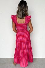 Rose Stripe Ruffle Strap Shirred Bodice Tiered Maxi Dress - Image 2