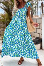 Blue Floral Print Square Neck Ruffled Strap Maxi Dress - Image 5