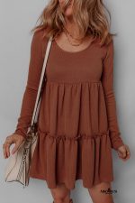 Straw Yellow Ribbed Frilled Trim High Waist Long Sleeve Mini Dress - Image 5