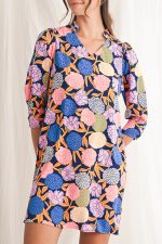 Navy Blue Hydrangea Floral V Neck Puff Sleeve Dress - Image 8