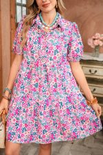 Pink Allover Floral Print Collar Half Button Short Sleeve Loose Dress