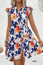 Orange Floral Print Notched Neck Flutter Sleeve Mini Dress - Image 3