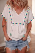 White Colorful Fringed Detail Tassel Tie Neck Short Sleeve Cover Up