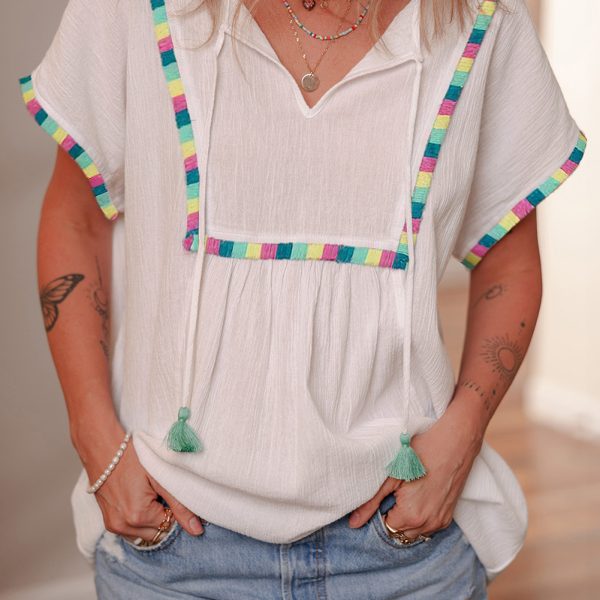 White Colorful Fringed Detail Tassel Tie Neck Short Sleeve Cover Up