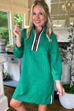 Sea Green Jacquard Textured Quarter Zipper Pop of Color Neckline Dress - Image 6