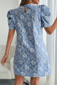 Sky Blue Floal Jacquard Elegant Mini Dress - Image 2