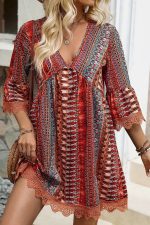 Red Boho Colorblock Deep V Neck Mini Dress