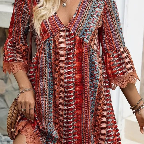 Red Boho Colorblock Deep V Neck Mini Dress