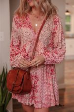 Pink Bohemian Floral Print Tassel Tie Long Sleeve Flowy Mini Dress - Image 7