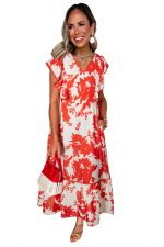 Red Floral Print Trimmed V Neck Ruffle Sleeve Maxi Dress - Image 14