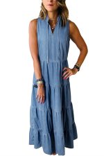 Blue Sleeveless Tiered Chambray Maxi Dress - Image 10