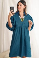 Blue Sapphire Puff Sleeve Pleated Pop of Color Neckline Dress - Image 3