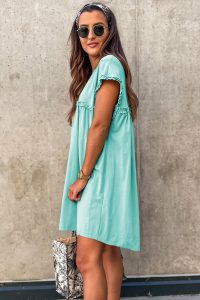 Mint Green Frilled Trim Crewneck Loose Fit Mini Dress - Image 4