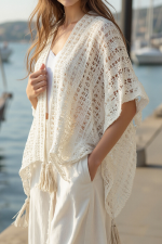 Beige Solid Color Tassel Open Front Knit Cover Up - Image 6