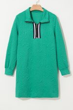 Sea Green Jacquard Textured Quarter Zipper Pop of Color Neckline Dress - Image 8